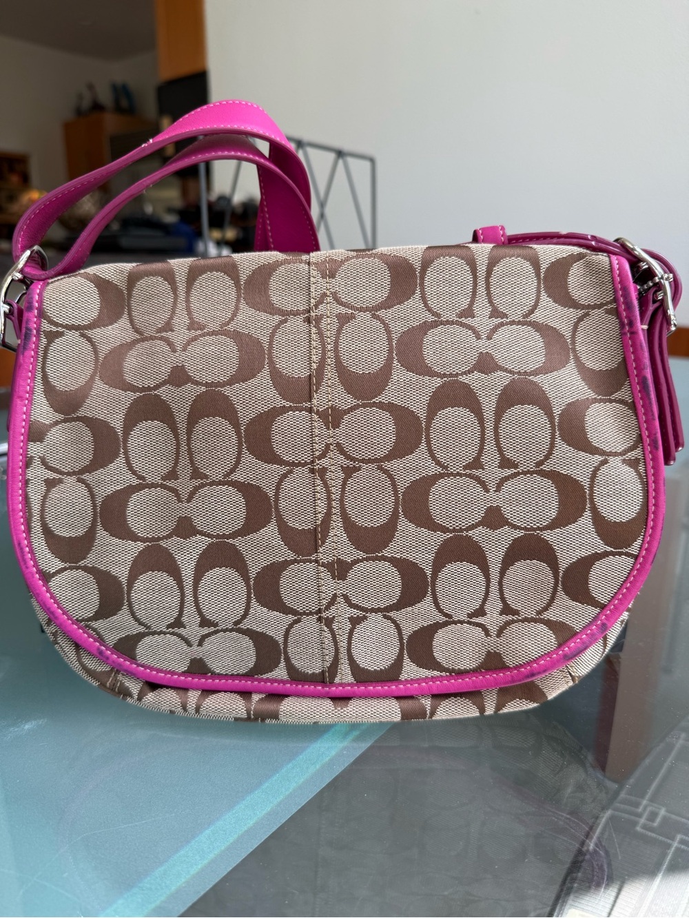 Coach Brown Signature Shoulder Bag with Pink Trim